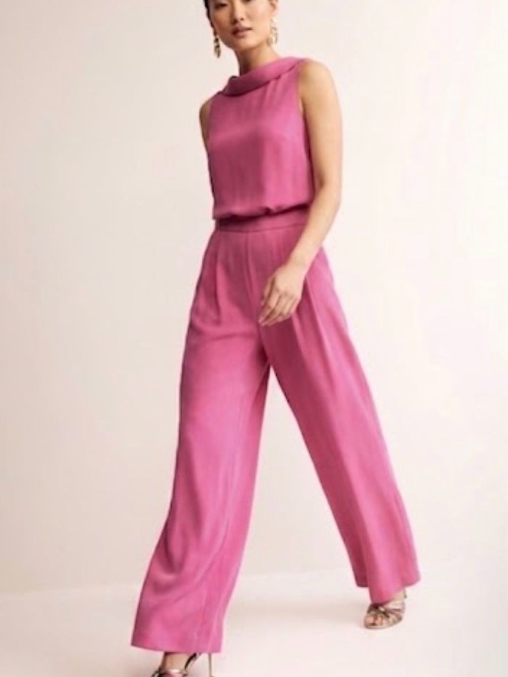 Boden Clarissa Jumpsuit US 8 Tall Hot Pink High Cowl Neck Wide Leg NWT